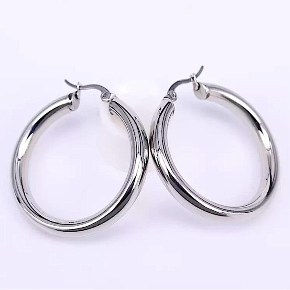 Silver 30mm Stainless Steel Tube Hoop Earrings